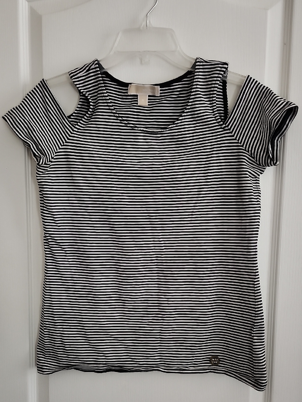 MICHAEL Michael Kors Black and White Striped Cold-Shoulder Top